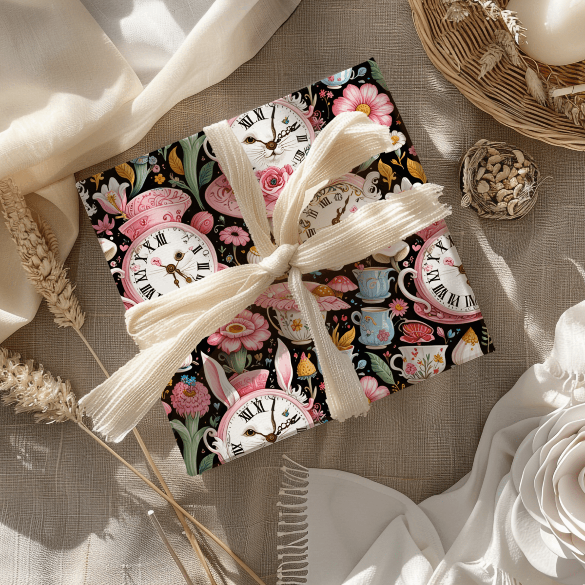 Midnight Tea & Ticking Time – Wonderland Wrapping Paper