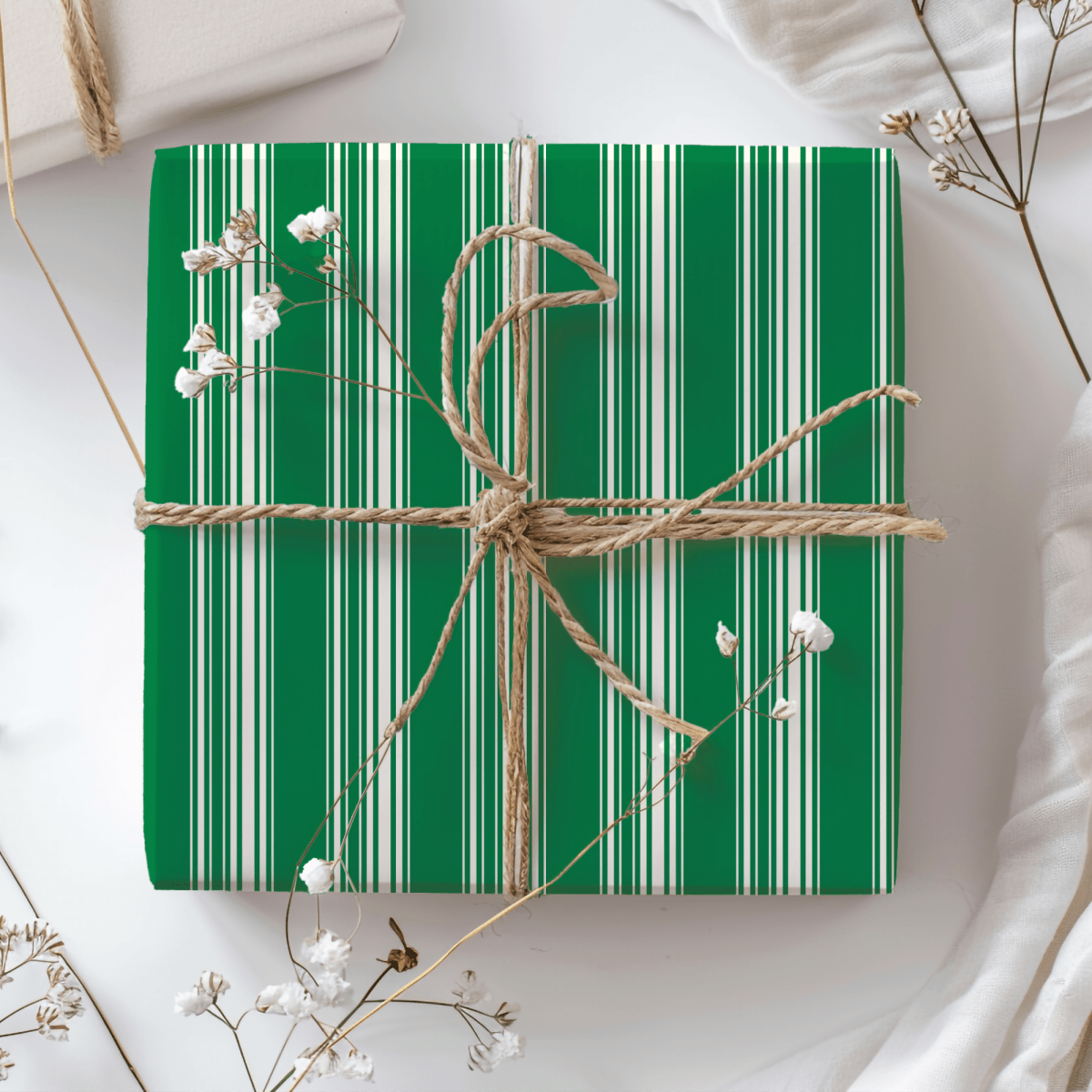 Evergreen Elegance – Green & Cream Striped Wrapping Paper