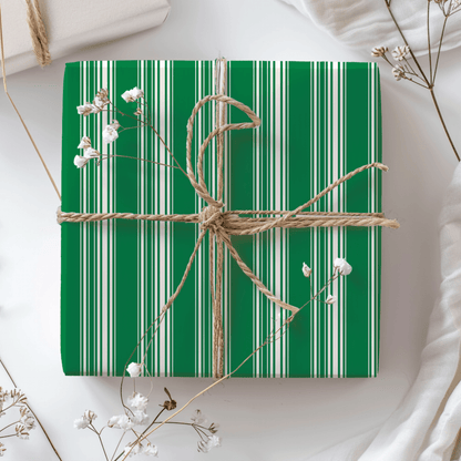 Evergreen Elegance – Green & Cream Striped Wrapping Paper
