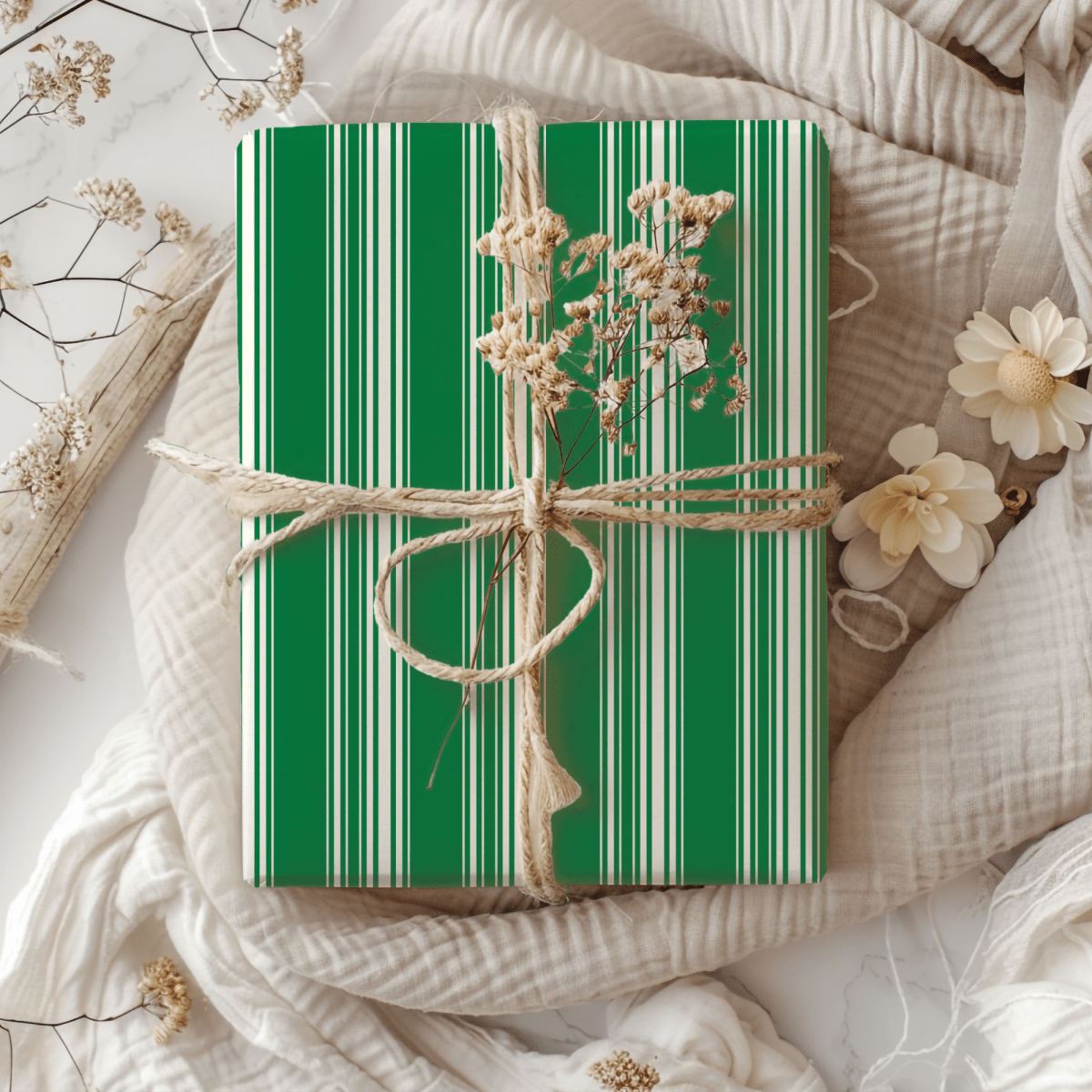 Evergreen Elegance – Green & Cream Striped Wrapping Paper