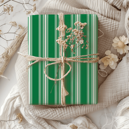 Evergreen Elegance – Green & Cream Striped Wrapping Paper