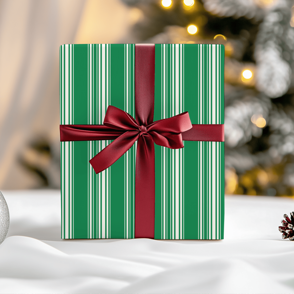 Evergreen Elegance – Green & Cream Striped Wrapping Paper