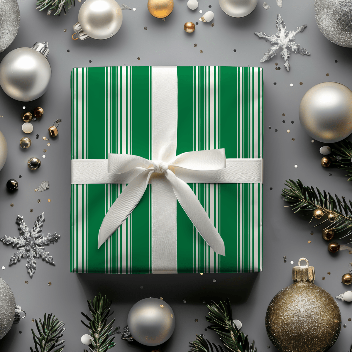 Evergreen Elegance – Green & Cream Striped Wrapping Paper