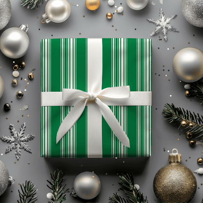 Evergreen Elegance – Green & Cream Striped Wrapping Paper