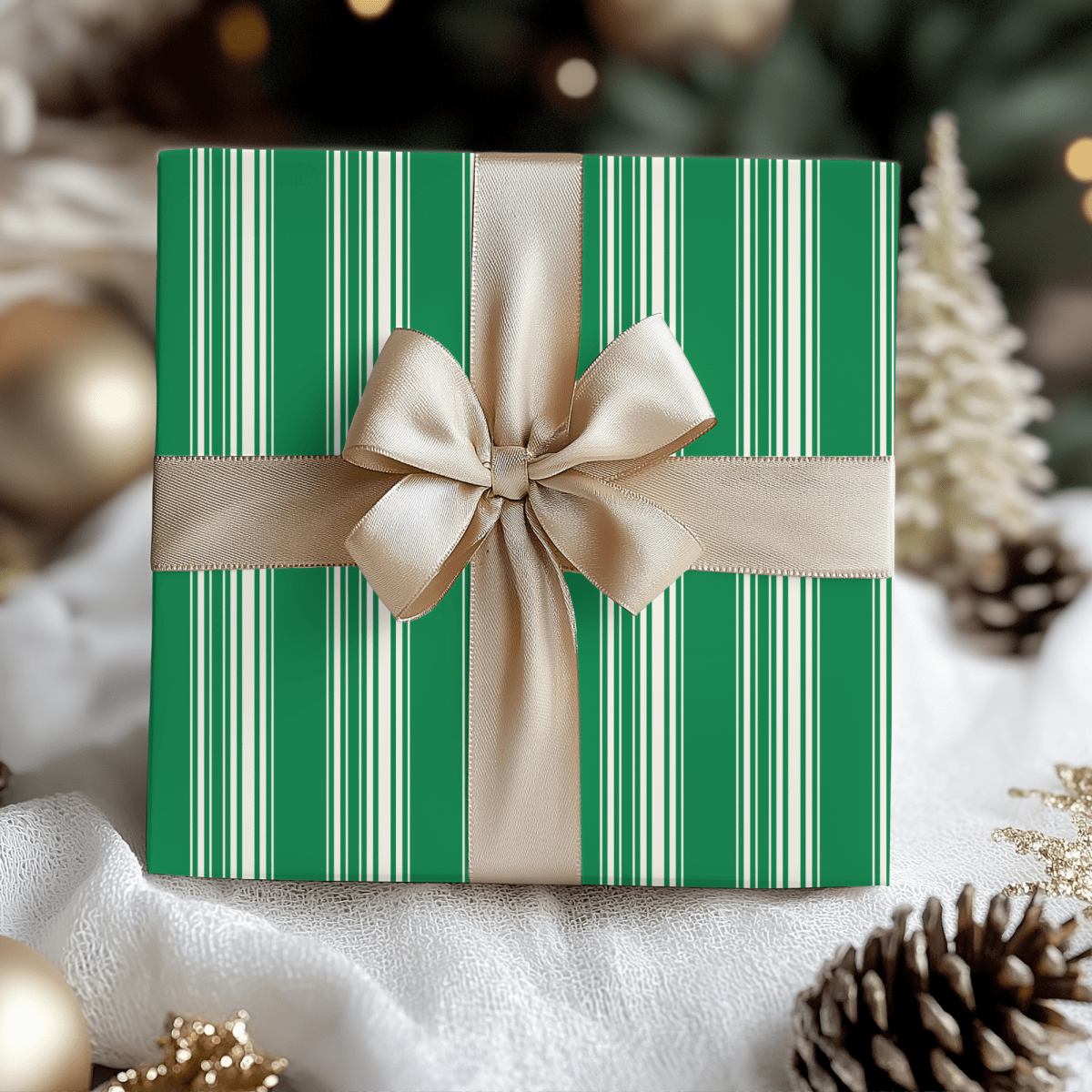 Evergreen Elegance – Green & Cream Striped Wrapping Paper
