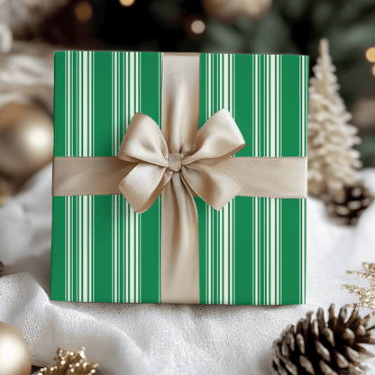Evergreen Elegance – Green & Cream Striped Wrapping Paper