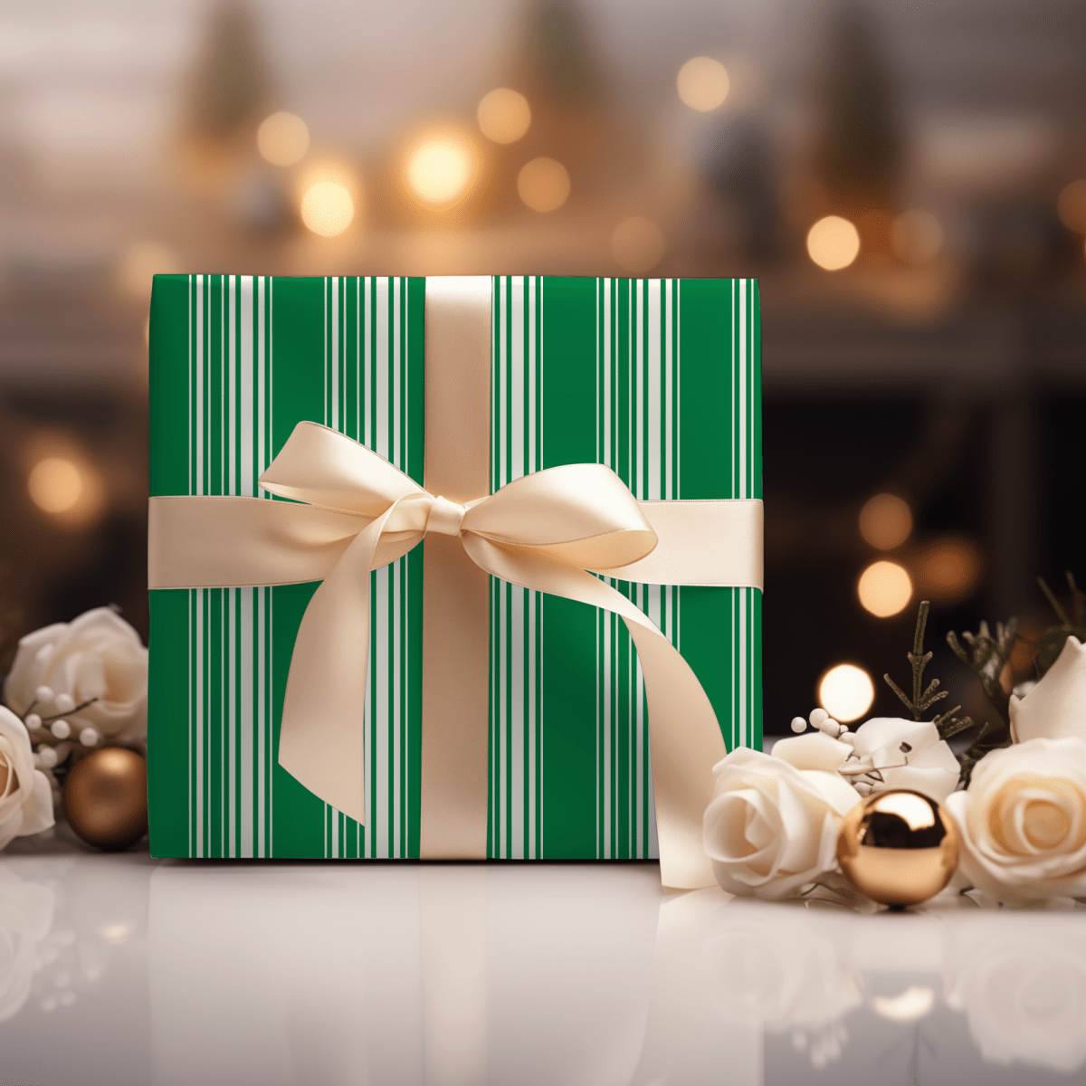Evergreen Elegance – Green & Cream Striped Wrapping Paper