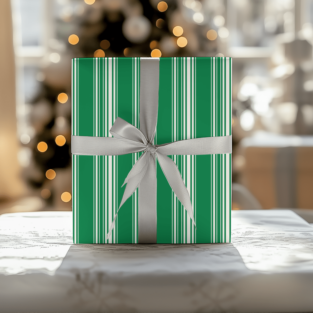 Evergreen Elegance – Green & Cream Striped Wrapping Paper
