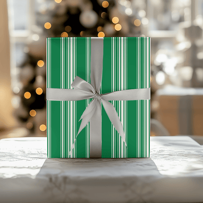 Evergreen Elegance – Green & Cream Striped Wrapping Paper
