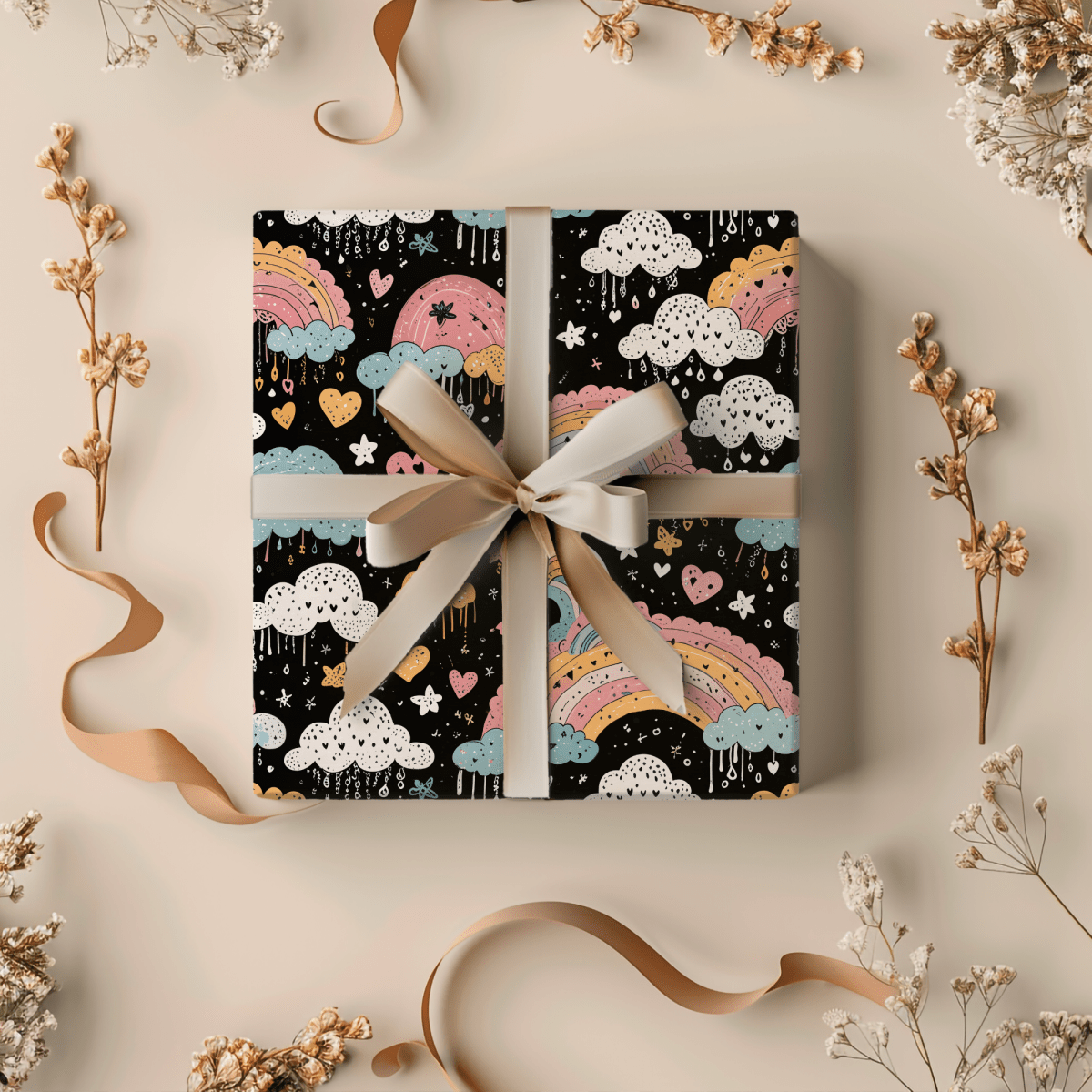 Midnight Rainbows – Whimsical Cosmic Wrapping Paper