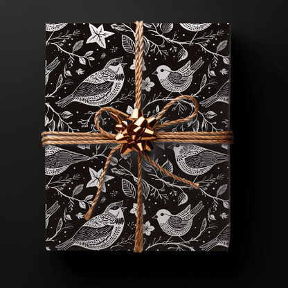 Songbirds in Shadow – Black & White Bird Wrapping Paper