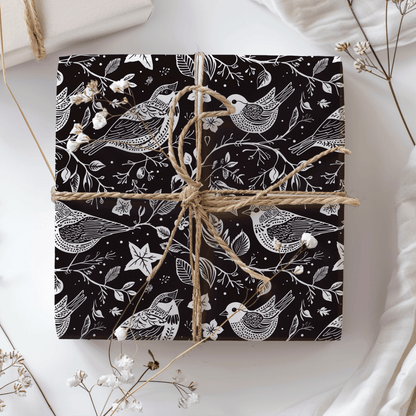 Songbirds in Shadow – Black & White Bird Wrapping Paper