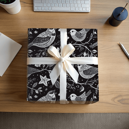 Songbirds in Shadow – Black & White Bird Wrapping Paper
