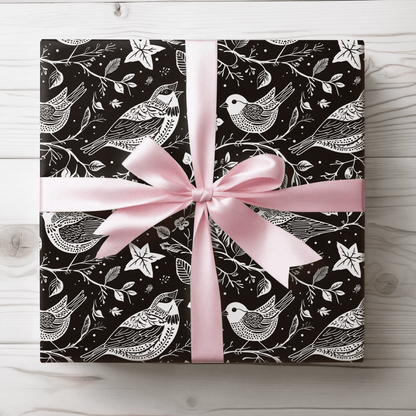 Songbirds in Shadow – Black & White Bird Wrapping Paper