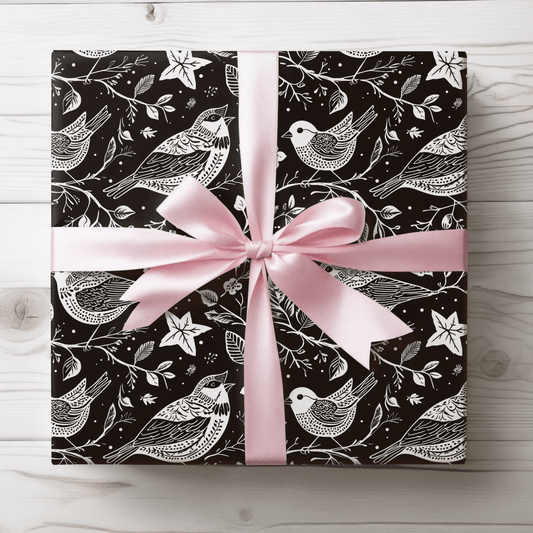 Songbirds in Shadow – Black & White Bird Wrapping Paper