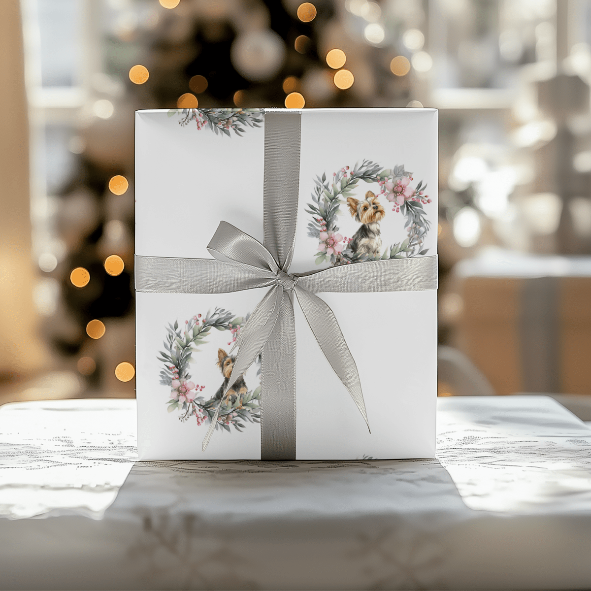 Paw - liday Wreaths & Wags – Yorkie Christmas Wrapping Paper