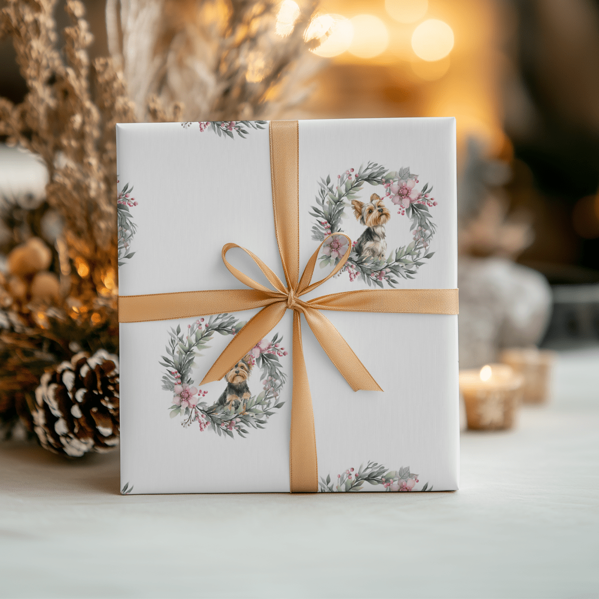 Paw - liday Wreaths & Wags – Yorkie Christmas Wrapping Paper