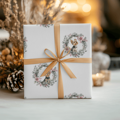 Paw - liday Wreaths & Wags – Yorkie Christmas Wrapping Paper