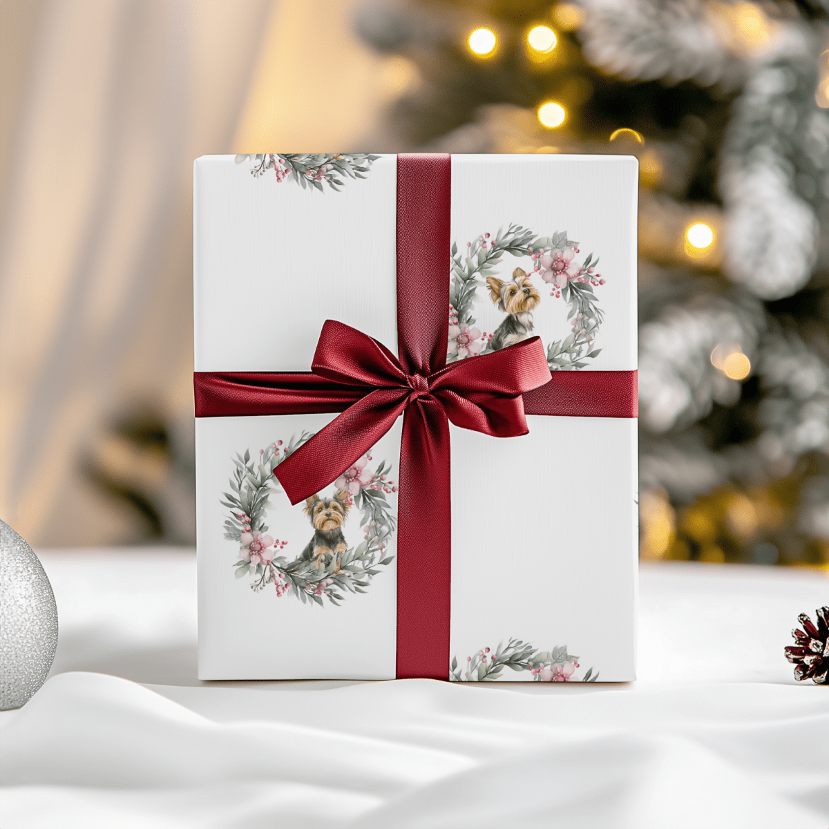 Paw - liday Wreaths & Wags – Yorkie Christmas Wrapping Paper