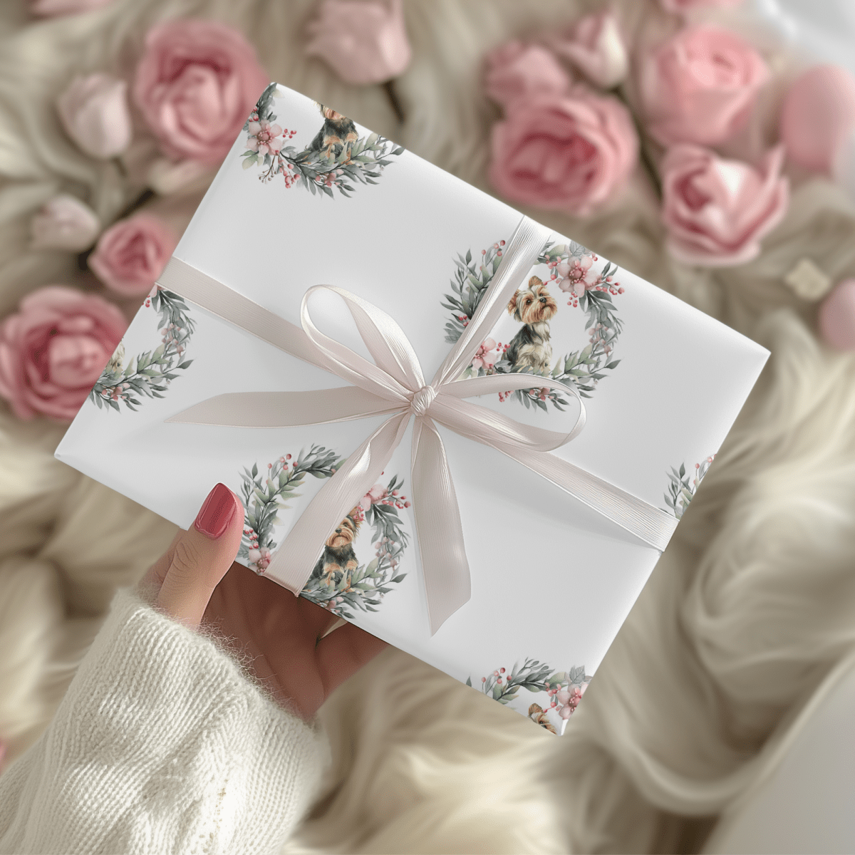 Paw - liday Wreaths & Wags – Yorkie Christmas Wrapping Paper