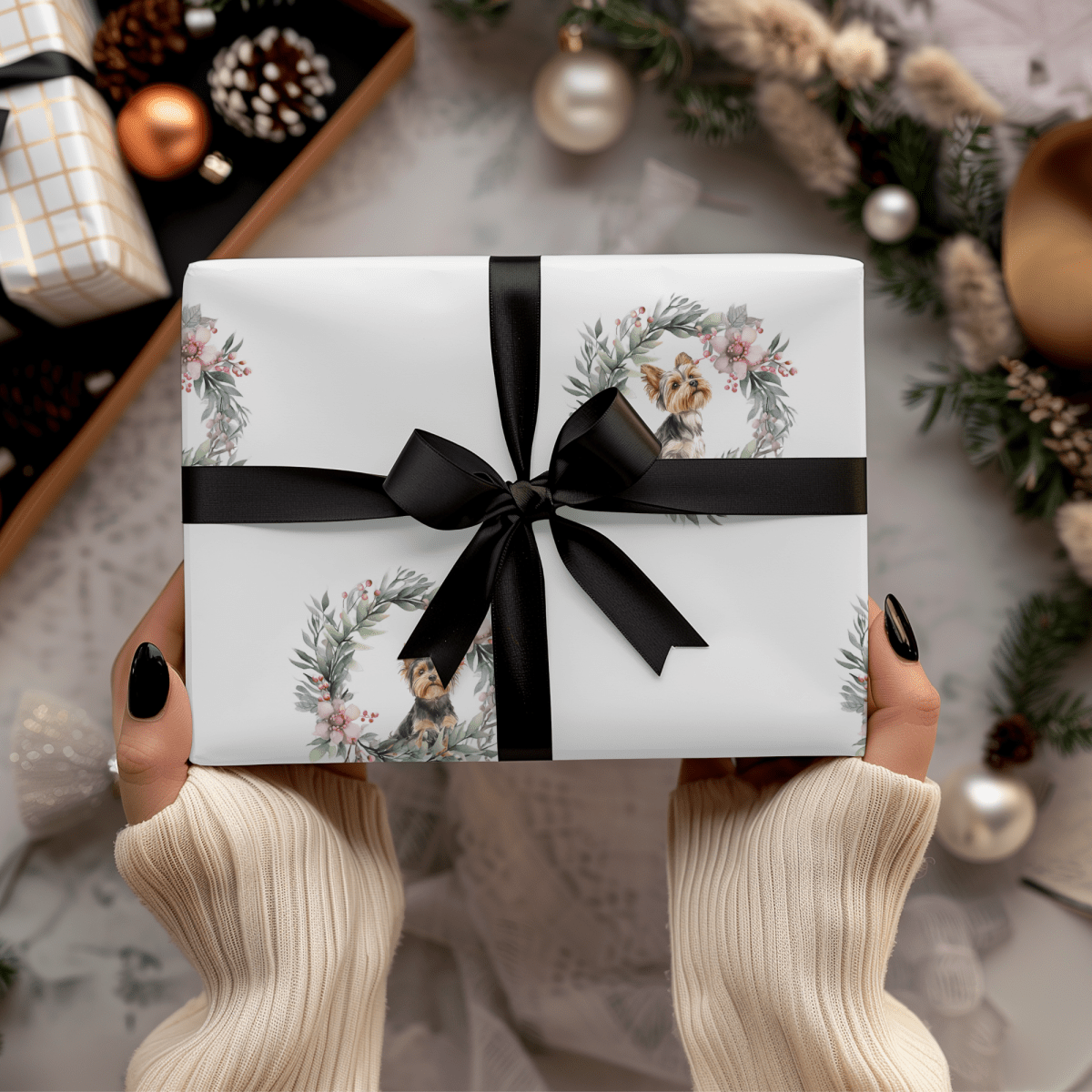 Paw - liday Wreaths & Wags – Yorkie Christmas Wrapping Paper