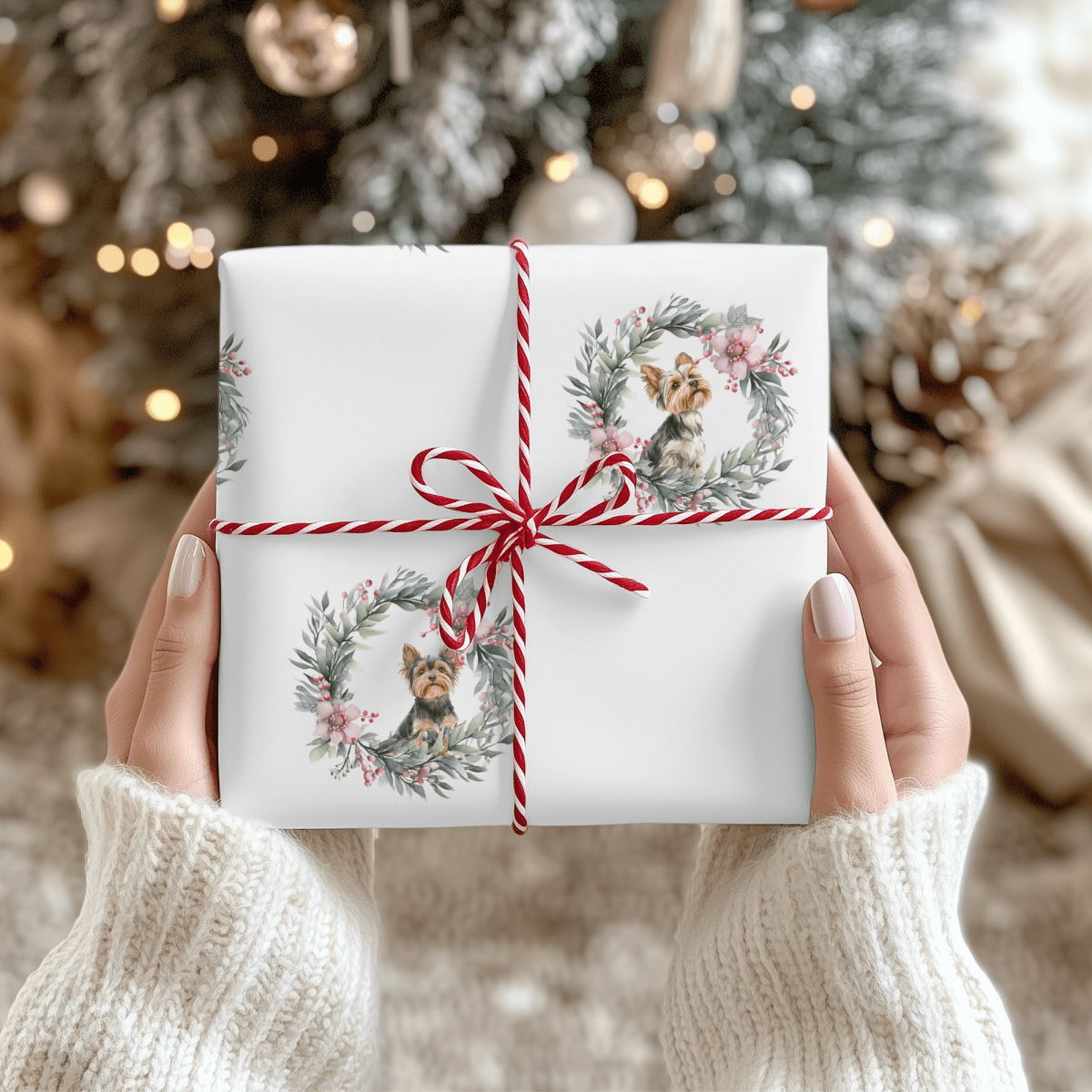 Paw - liday Wreaths & Wags – Yorkie Christmas Wrapping Paper