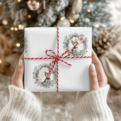 Paw - liday Wreaths & Wags – Yorkie Christmas Wrapping Paper