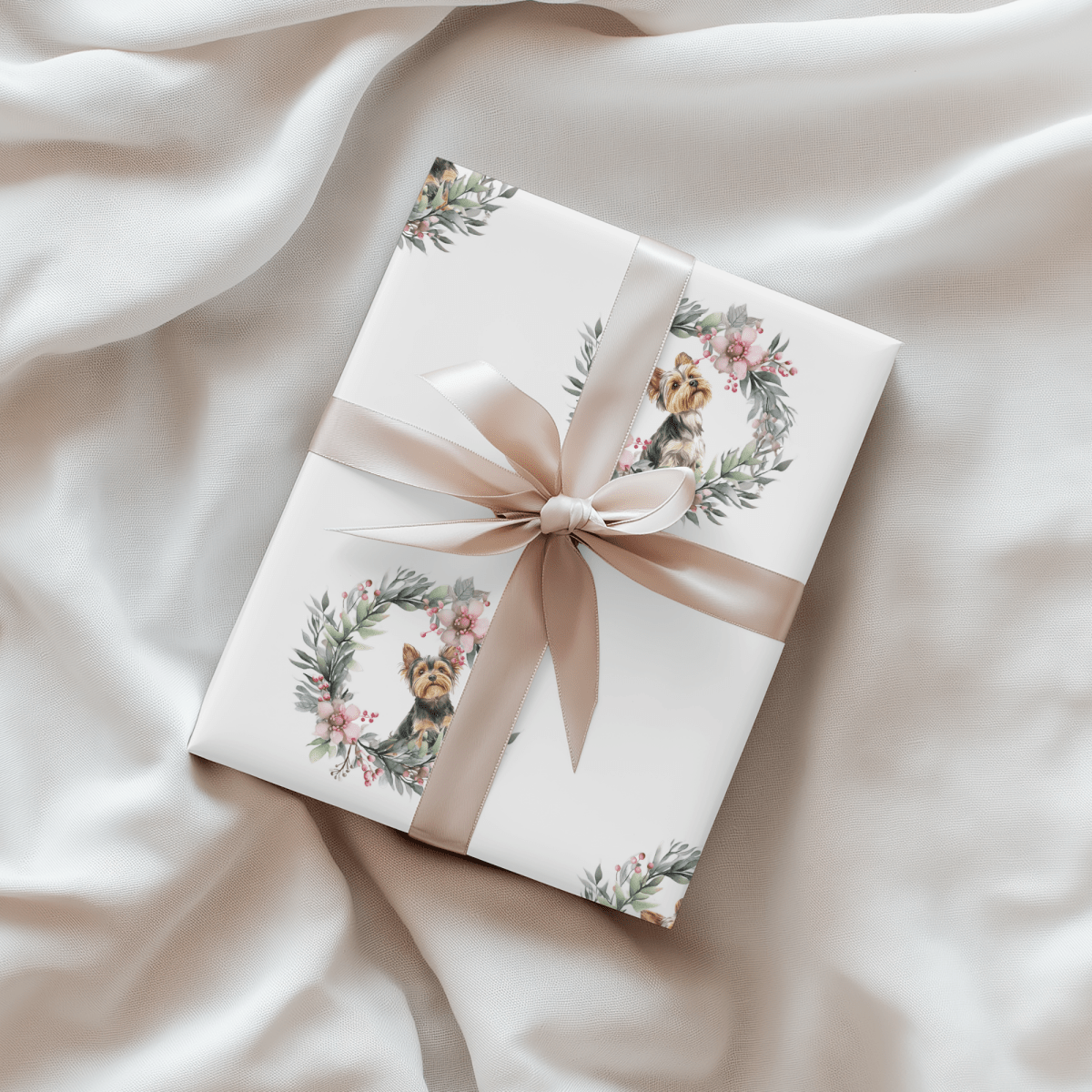Paw - liday Wreaths & Wags – Yorkie Christmas Wrapping Paper
