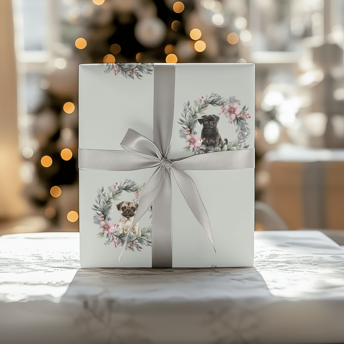 Pugs & Poinsettias – Holiday Pup Wrapping Paper