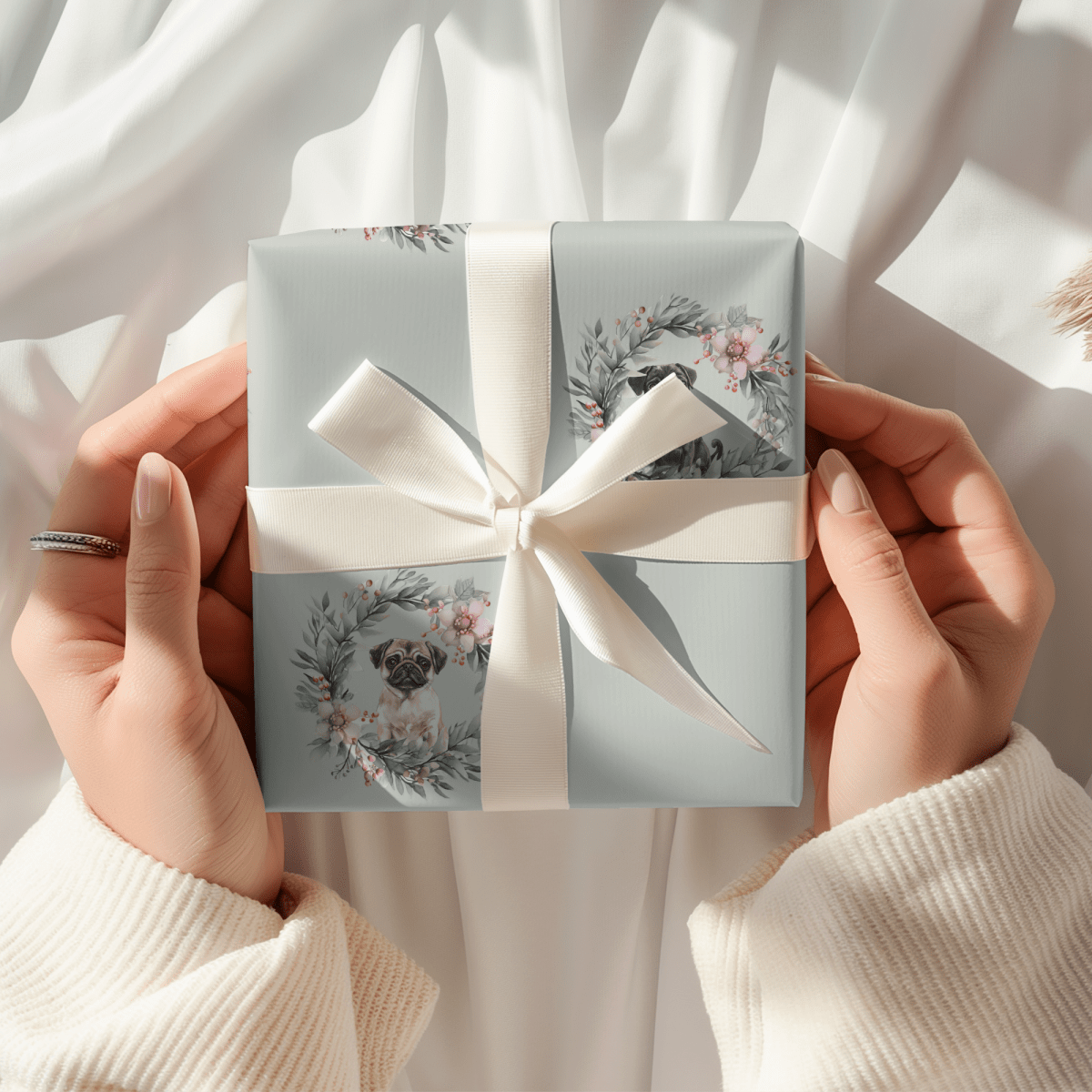 Pugs & Poinsettias – Holiday Pup Wrapping Paper