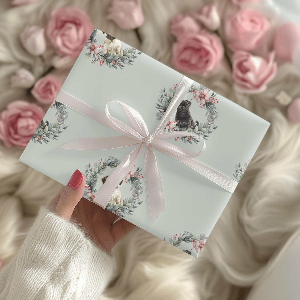 Pugs & Poinsettias – Holiday Pup Wrapping Paper