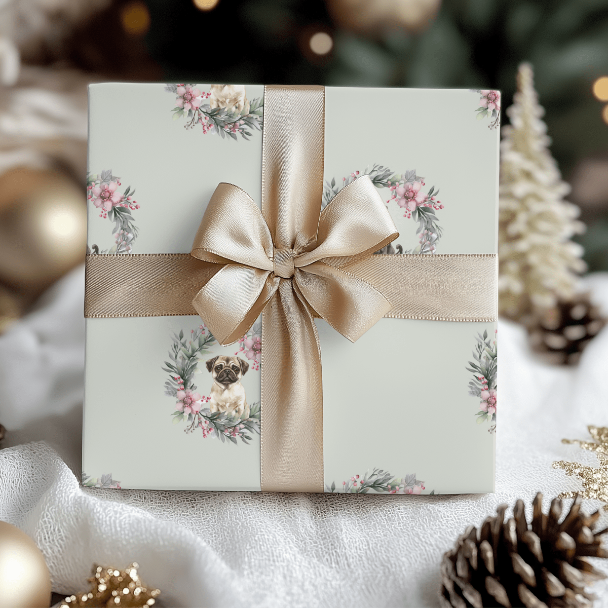 Pugs & Poinsettias – Holiday Pup Wrapping Paper