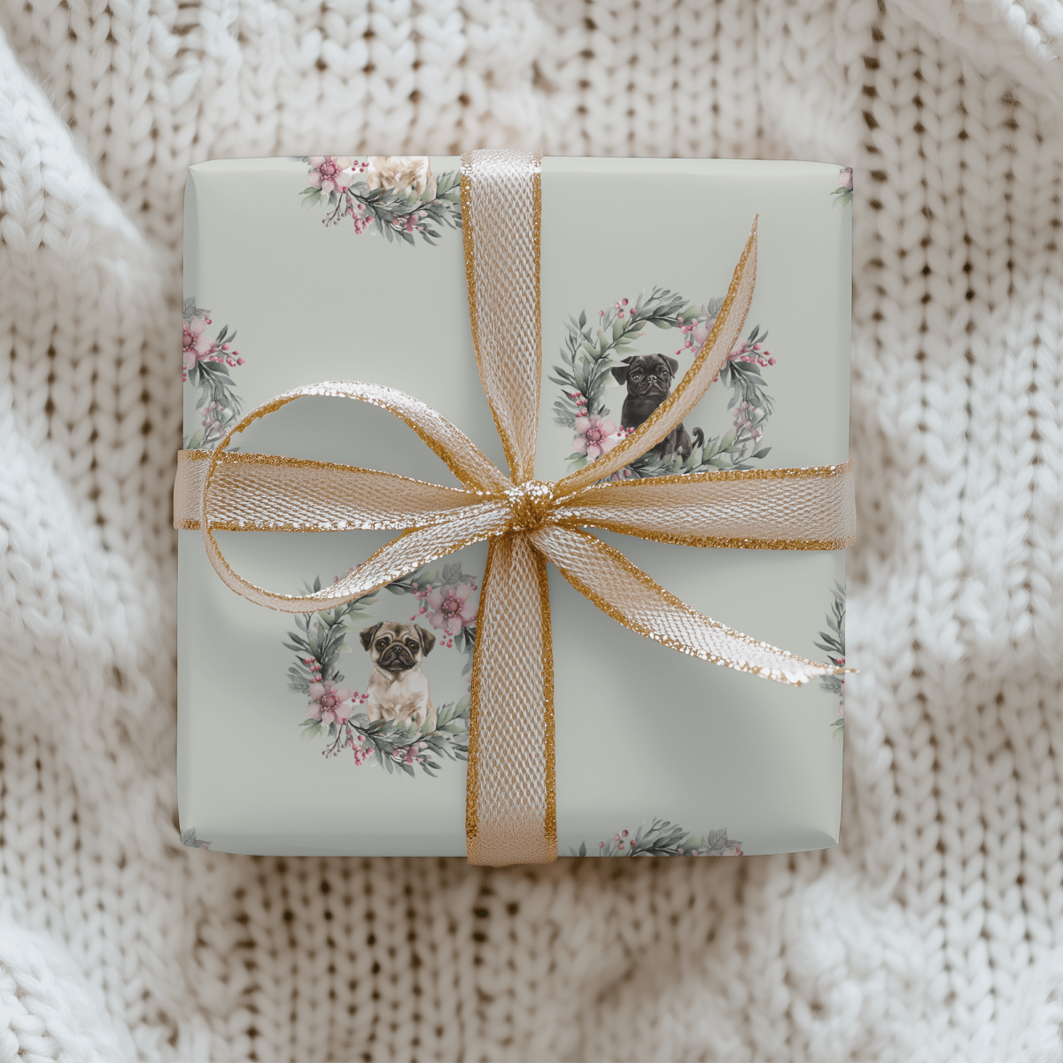 Pugs & Poinsettias – Holiday Pup Wrapping Paper