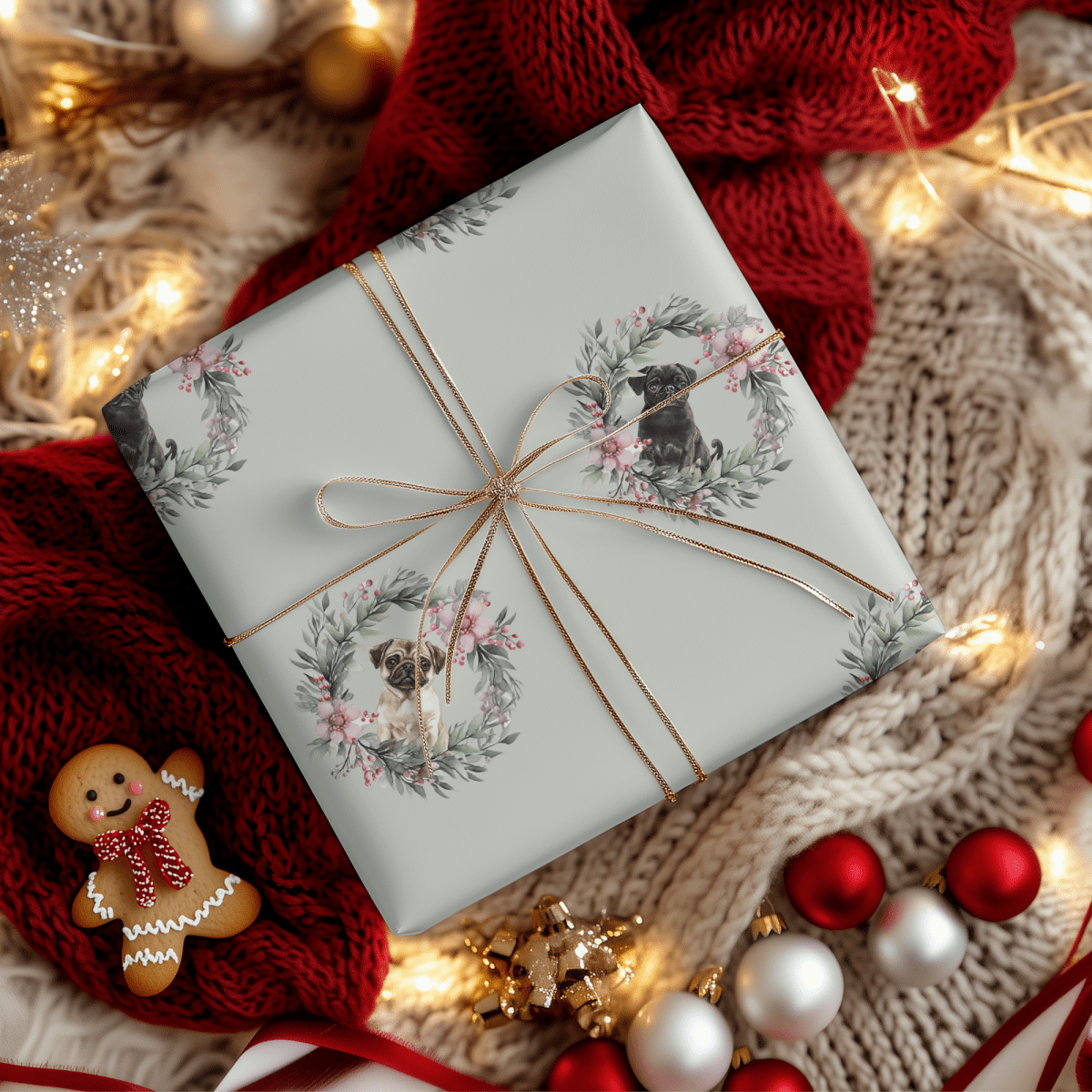 Pugs & Poinsettias – Holiday Pup Wrapping Paper