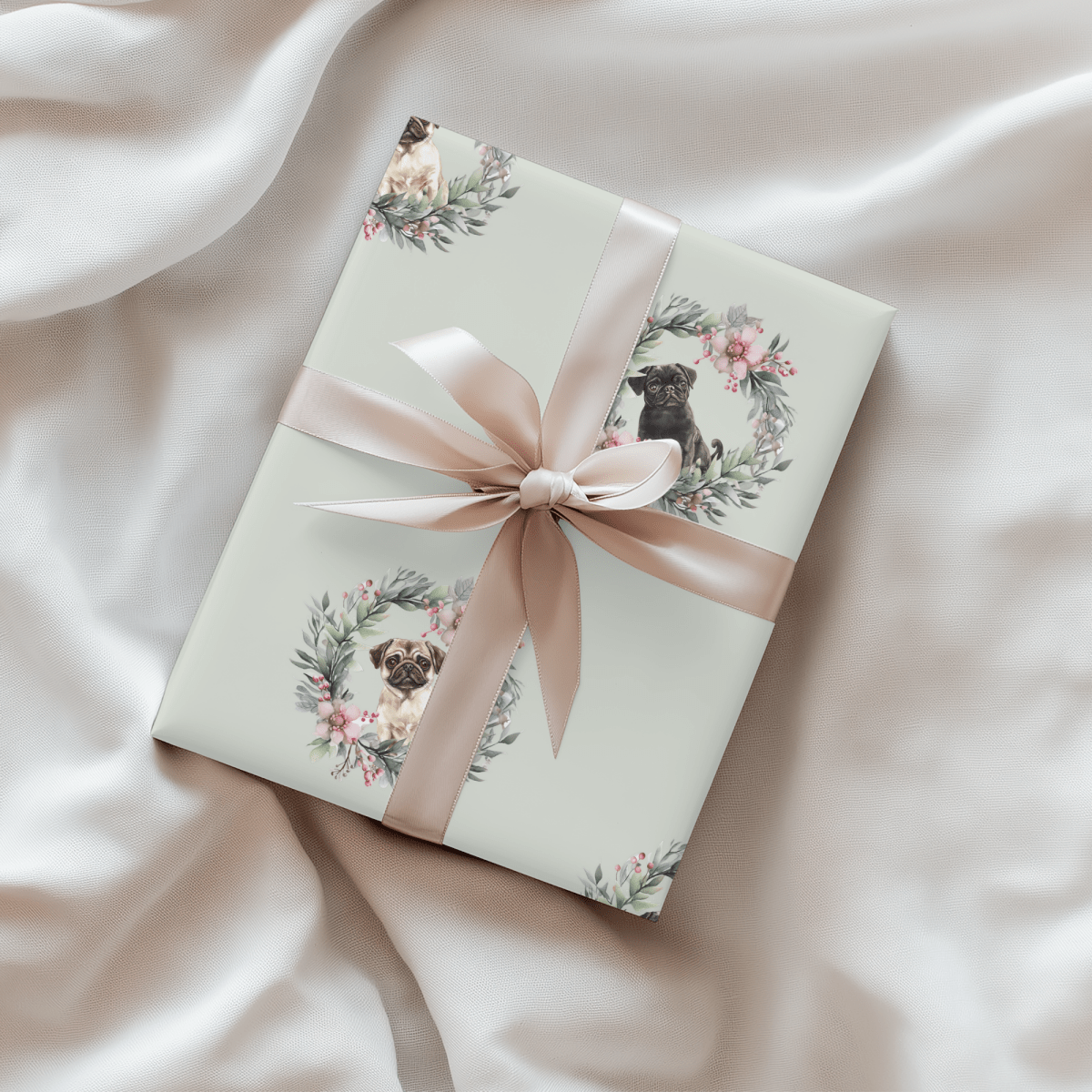 Pugs & Poinsettias – Holiday Pup Wrapping Paper
