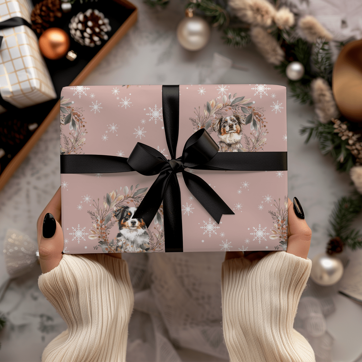 Collie Christmas Charm – Winter Wreath Wrapping Paper