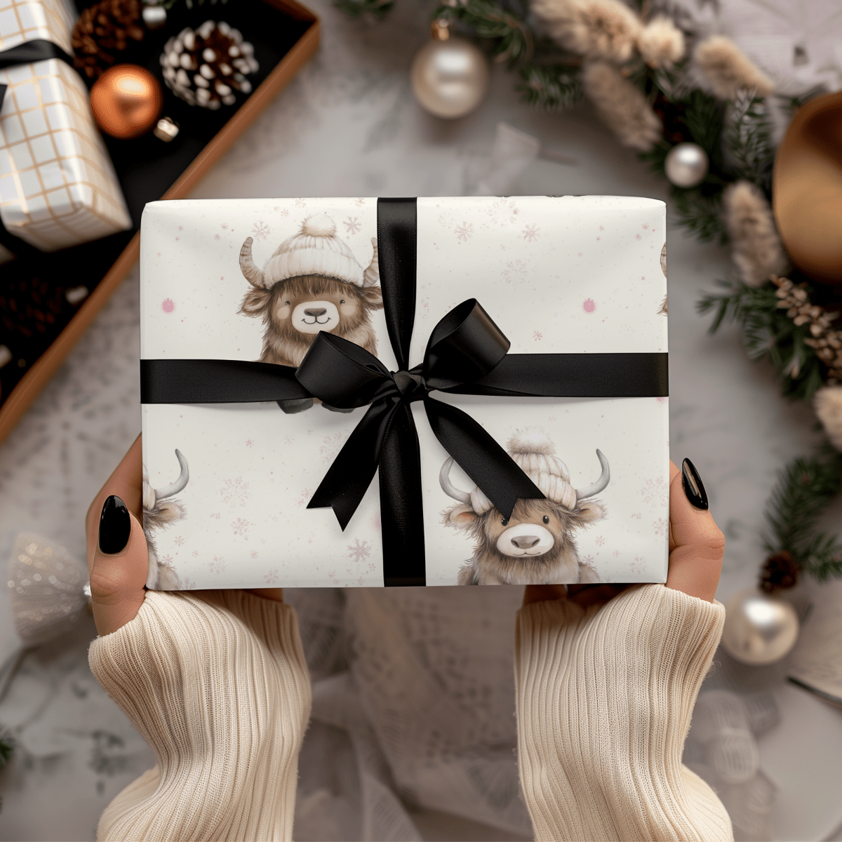 Highland Holiday Cuddles – Cozy Cow Wrapping Paper
