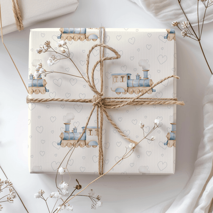 All Aboard Cuteness – Baby Blue Train Wrapping Paper