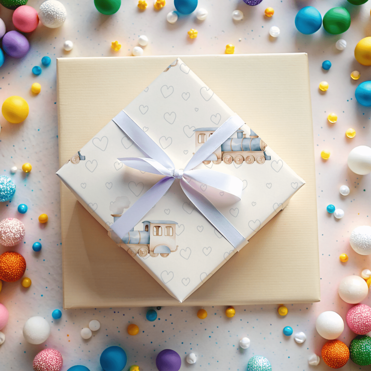 All Aboard Cuteness – Baby Blue Train Wrapping Paper