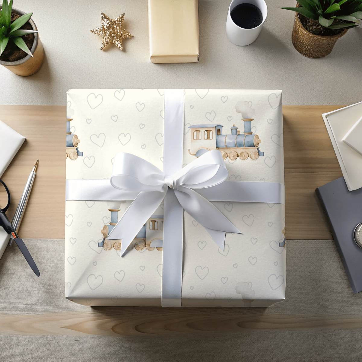 All Aboard Cuteness – Baby Blue Train Wrapping Paper