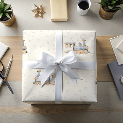 All Aboard Cuteness – Baby Blue Train Wrapping Paper