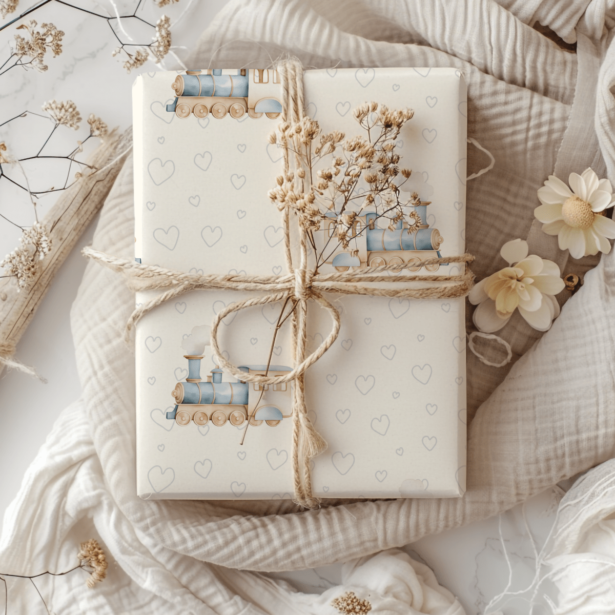 All Aboard Cuteness – Baby Blue Train Wrapping Paper