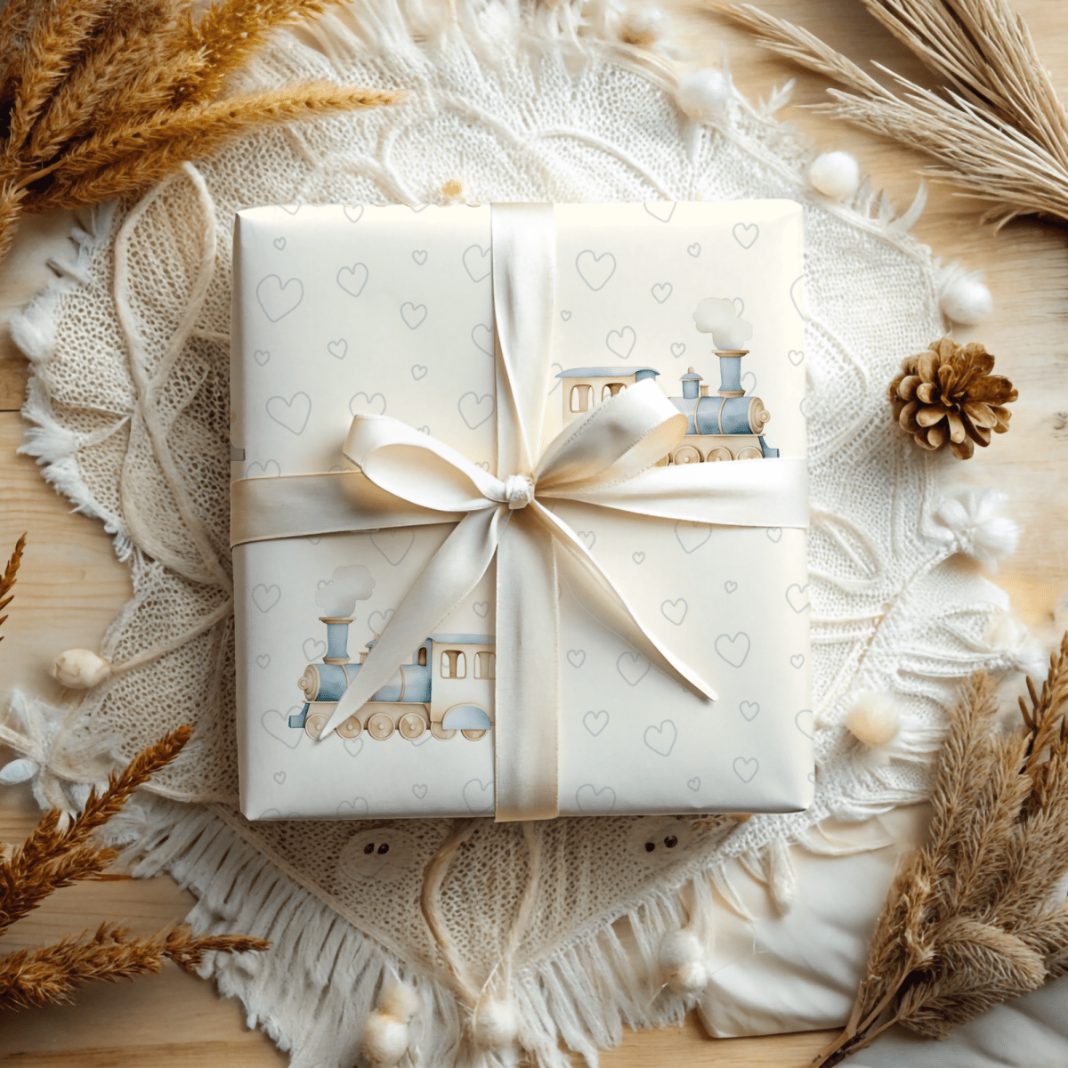 All Aboard Cuteness – Baby Blue Train Wrapping Paper