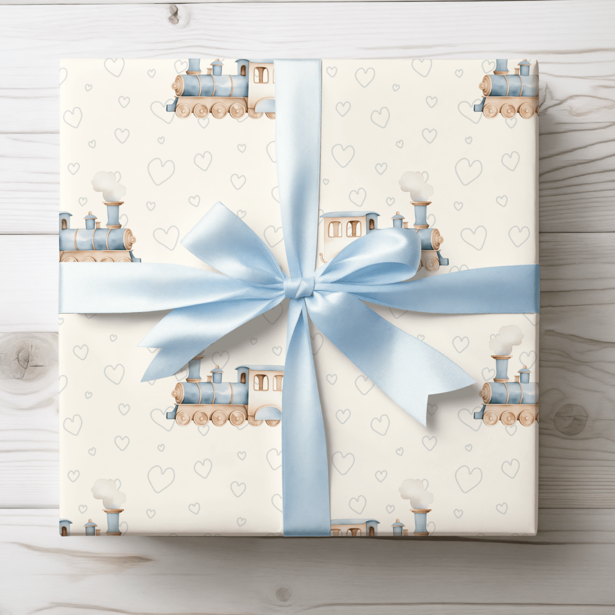All Aboard Cuteness – Baby Blue Train Wrapping Paper