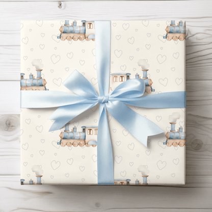 All Aboard Cuteness – Baby Blue Train Wrapping Paper