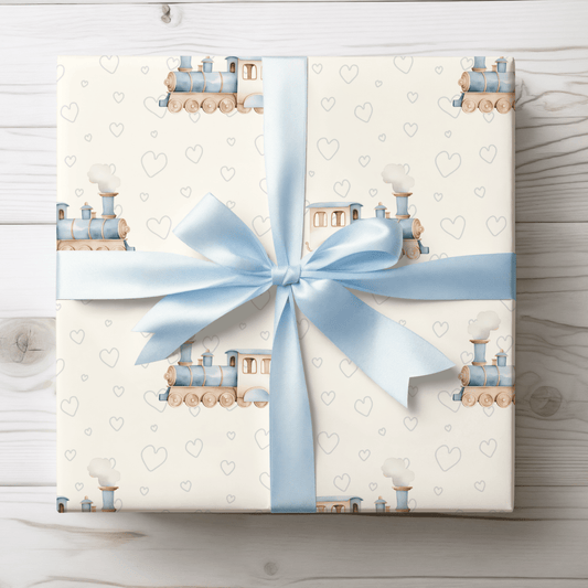 All Aboard Cuteness – Baby Blue Train Wrapping Paper