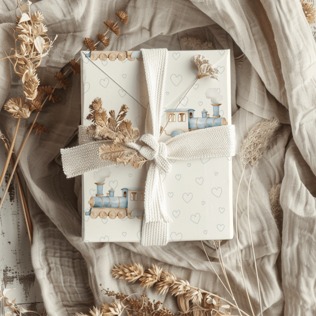 All Aboard Cuteness – Baby Blue Train Wrapping Paper