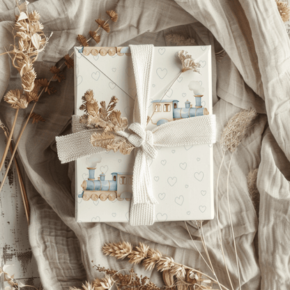 All Aboard Cuteness – Baby Blue Train Wrapping Paper