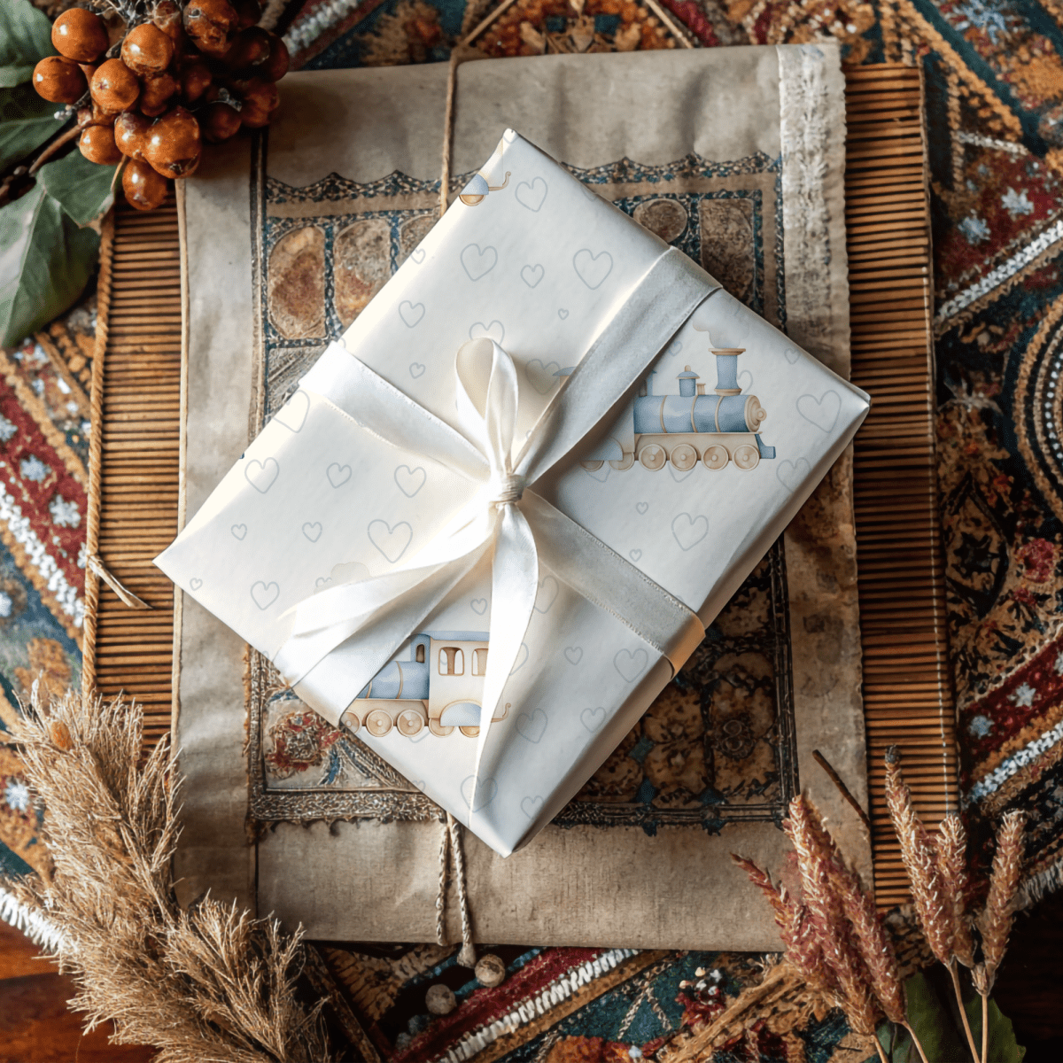 All Aboard Cuteness – Baby Blue Train Wrapping Paper
