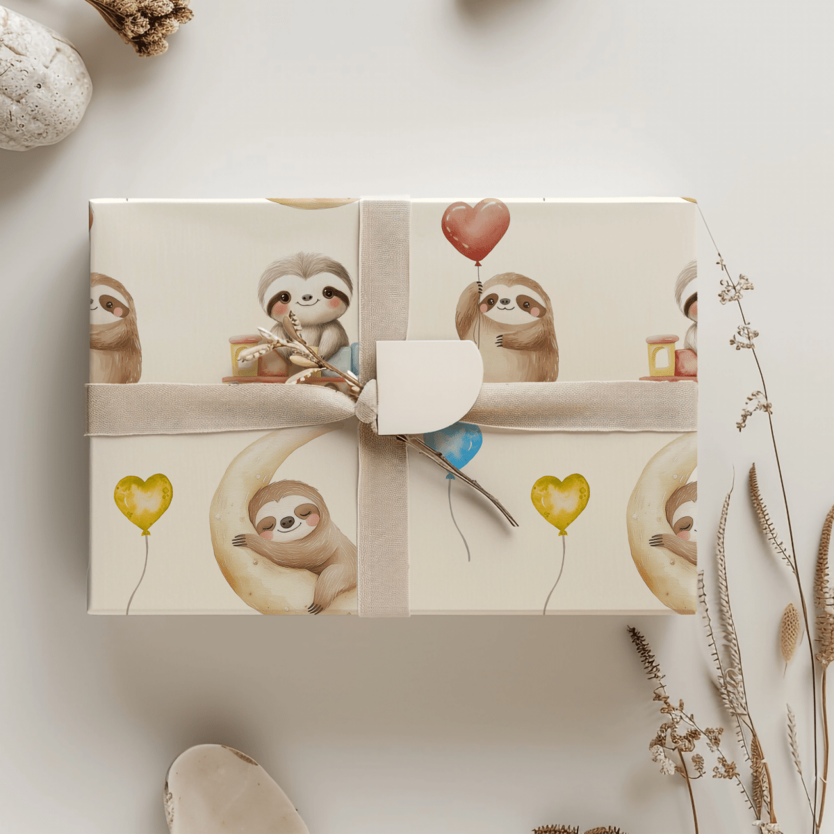 Snoozy Sloths & Balloon Dreams – Whimsical Wrapping Paper